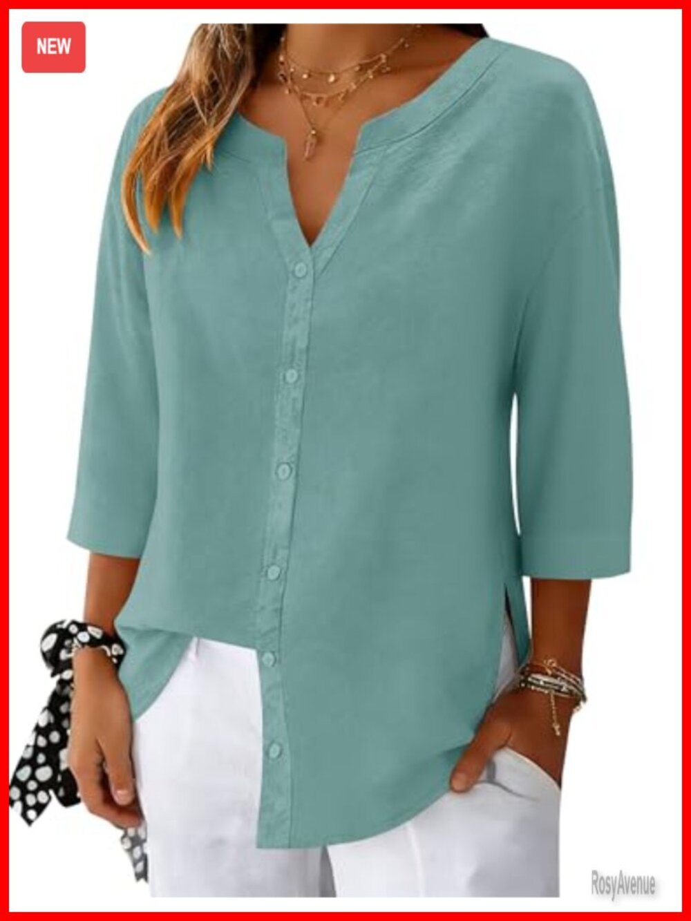 Womens 3/4 Sleeve V Neck Button Down Cotton Linen Blouse Loose Fit Top